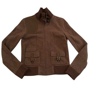 Ralph Lauren Wool Bomber Jacket herringbone leather accents zip front Small